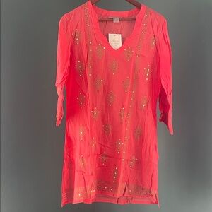 Coral Tunic with Gold hand block print gold design